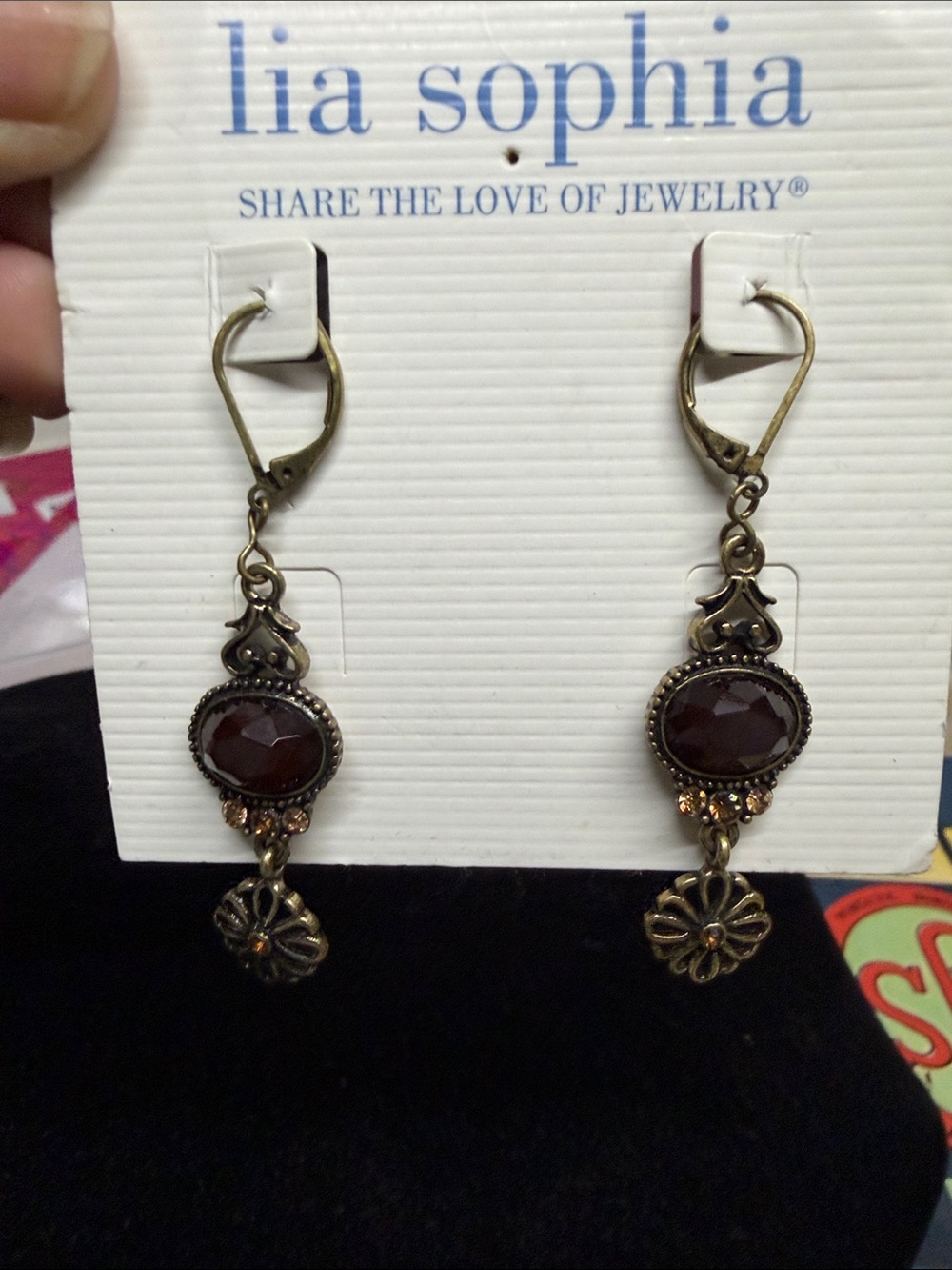 Lia Sophia Antique Gold-Tone Earrings with Brown Stones 2”